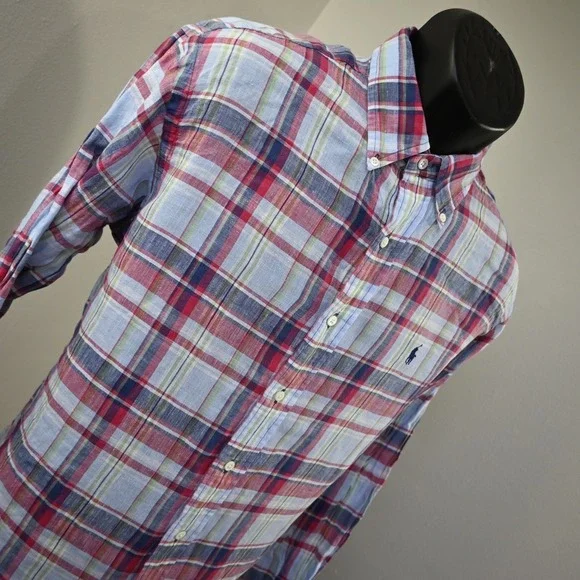 Polo Ralph Lauren Dress Shirt 100% Linen Plaid Classic Fit Long Sleeve Men Large - Picture 3 of 10